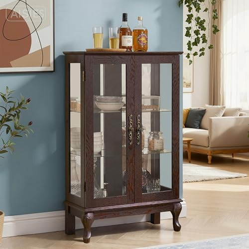 Casaphoria Curio Cabinet, Corner Cabinet for Collectibles, Trophies & Glassware, Corner Glass Display Cabinet, Smoked Oak