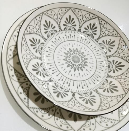 Servizio Piatti 18 Pezzi in Gress Porcellana Colorata – Elegante, Lavabile in Lavastoviglie – Stile Moderno per 6 Persone modello mandala (grigio)