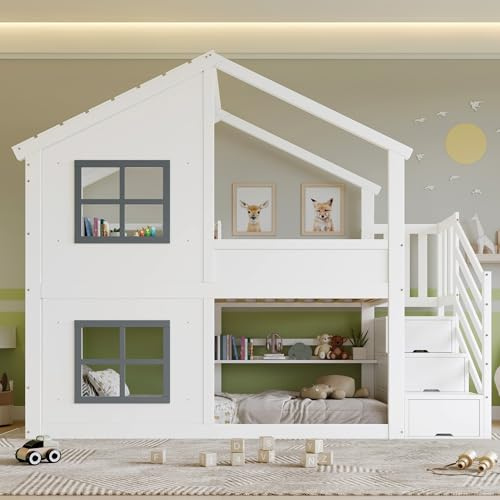 Ktipm Litera Infantil 90x200 cm con Techo y Ventana, Cama Infantil con Escalera de Almacenaje y Estante, Litera Camas Infantiles para 2 Personas con Barandilla Anticaída, Sin Colchón, Blanco+Gris