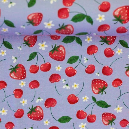 Baumwolljersey Stoff mit Erdbeeren & Kirschen – Oekotex Standard 100 – 3 Farben – Meterware ab 50 cm - für Kinderkleidung & Shirts (Erdbeeren & Kirschen, rauchblau)
