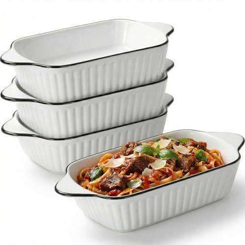 Xtrillogen 4PCS Ceramic Lasagne Pie Baking Dish Set,10.5 Inch Rectangular Individual Pie Dishes for the Oven,Large Baking Tray with Handles,Suitable for Casserole,Cake,Microwave and Oven Safe(Stripes)