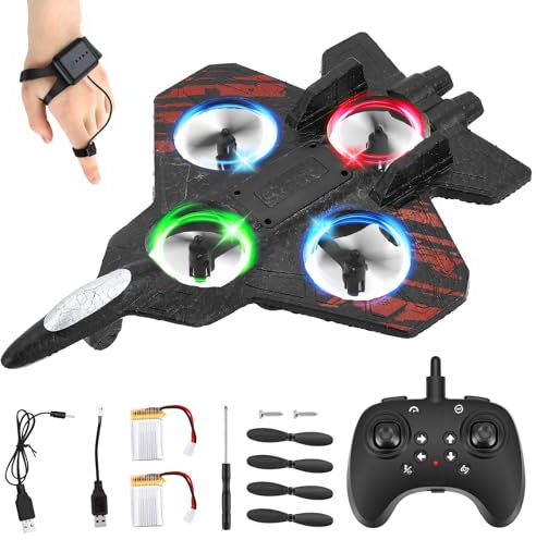 Jradse Ferngesteuertes Flugzeug, RC Flugzeug mit 2,4 GHz, Fernbedienung & Handgelenksteuerung, Stunt RC Flugzeug 360° Rotation, 3 Geschwindigkeiten, mit LED-Licht für Kinder und Anfänger, Rot