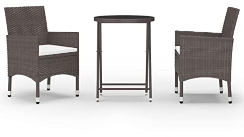 Mhdvray 3-TLG. Bistro-Set Poly-Rattan Braun 60 cm Gartentisch mit 2 Stühlen aus Hartglas wetterfest platzsparend für kleine Balkone Terrasse & Garten