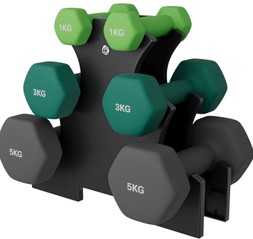 Dripex Lot de 6 Haltères Néoprène 1-5 kg, Support Inclus, Antidérapant | Set de 6, compact, multicolore, antidérapante