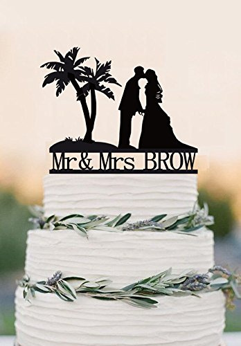 Personalised Beach Theme Mr and Mrs Cake Toppers with Name Cake Toppers with Palm tree for Wedding