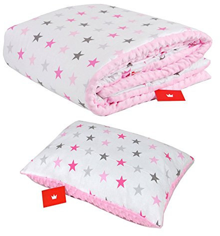 Babylux Kuscheldecke 100 x 150 cm Decke Babydecke Kinderdecke Bettdecke Groß Kissen Minky XXL (1. Rosa + Sterne mit Kissen)