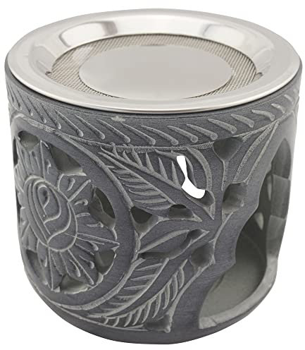 Räucherstövchen aus indischem Speckstein – mit Edelstahlsieb & Metallscheibe – Shiva Design – Höhe 9 cm – Ideal für Weihrauch & Kräuter