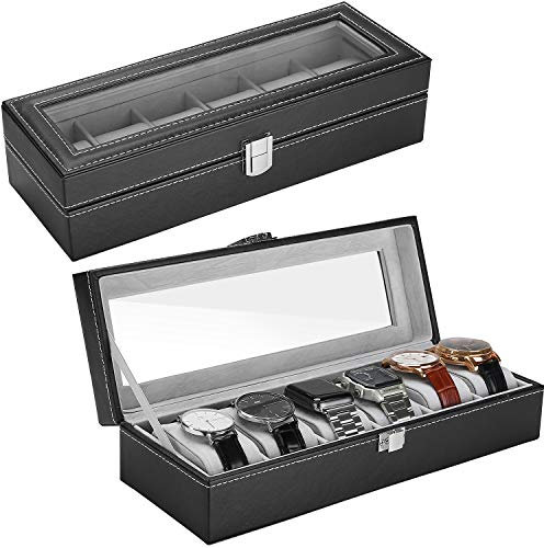 ProCase Uhrenbox Uhren Kasten Aufbewahrungsbox mit 6 Gitter, 6 Steckplätze Uhrenschachtel Watch Display Box Organizer Watch Box für Herren -Schwarz