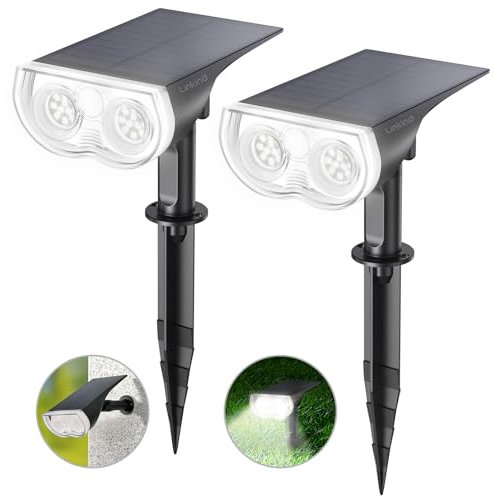 Linkind Luces Solares LED Exterior Jardin, Foco Solar con Sensor de Luz, Blanca Fría 6500K 650lm, Lámpara Solar Impermeable IP67 para Iluminación de Caminos, Patio,Terreza,Césped y Camping (2 Piezas)