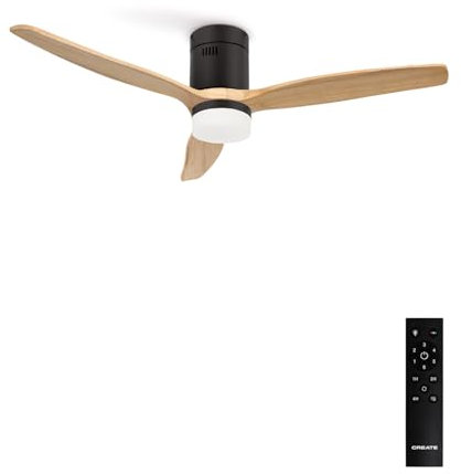 CREATE / WINDCALM DC/Ventilateur de plafond ABS avec lumière noir pales effet bois clair / 40W, Silencieux, Ø132 cm, 6 vitesses, minuterie, fonction été hiver