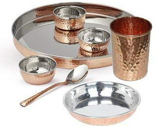 TreegoArt Copper Steel Copper Dinner Thali, Bowls, halwa Plate, Glass, Spoon, Traditional Style 7 Piece Dinner Set | Thali Diameter 13 Inch
