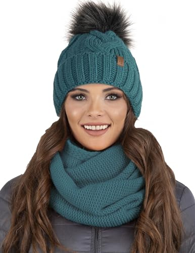 VIVISENCE Damen Bommelmütze Und Loop-Schal Mit Bommel Ideal Für Wintertage 7014, Dunkeltürkis,Einheitsgröße