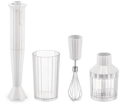 Alessi Plissé MDL10SW/UK - Frullatore a immersione con caraffa graduata, frusta e tritatutto in resina termoplastica, bianco. Spina inglese. ‍500W