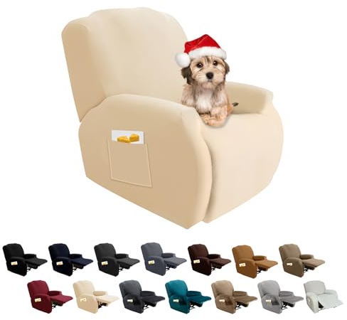 FIGOOO Stretchhusse für Relaxsessel 4-Teilig Stretch Sesselbezug Relaxsessel mit Seitentasche Sesselschoner,Beige