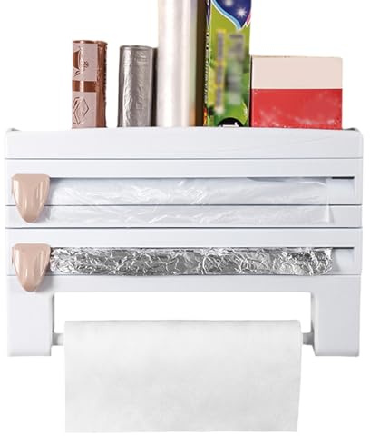 Porta Asciugamani di Carta Multifunzionale 4 in 1 per Montaggio a Parete Portabottiglie per Salse Portaspezie Cucina Dispenser per Pellicola Trasparente in Plastica Taglierina per Pellicola(Bianco)