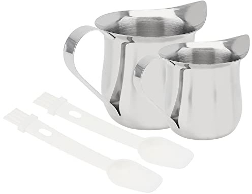2 Pack Creamer Pitcher Bell Creamers, 2 oz and 3 oz Espresso Pouring Cup Stainless Steel Creamer Pitcher with 2 Spoons, Serving Cream Pitcher for Latte Art