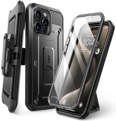 Supcase Schutzhülle für iPhone 15 Pro, mit Displayschutz, Ringhalterung, stoßfest, Schwarz