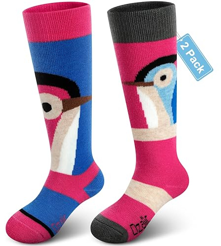 Merino Wool Ski Socks Kids 2 Pairs, Winter Warm Knee High Snowboarding Thermal Skating Socks for Boys Girls Toddlers