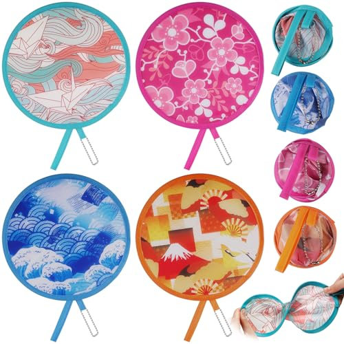Gulfmew 4 Pièces Éventail Rond Portatif Petit Mini Eventail de Poche Pliable Ventilateurs de Style Japonais de Tissu Polyester Décoration pour Été Fête Mariage Festival, 4 Couleurs