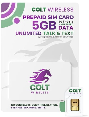 Colt Wireless Prepaid-SIM-Karte für die USA, 30-Tage-Prepaid-Handytarif mit 5 GB 4G LTE/5G SIM-Karte mit unbegrenztem Datenvolumen, Telefonie und SMS in über 90 Ländern, mobiler Hotspot