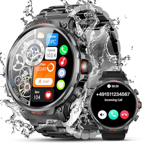 WalkerFit Militär Smartwatch Herren 1,85 HD, 710mAh Akku 30 Tage, Smart Watch mit Telefonfunktion & Schlafmonitor, 100+ Sportmodi Sportuhr, wasserdichte Fitnessuhr für Android iOS (Schwarz)