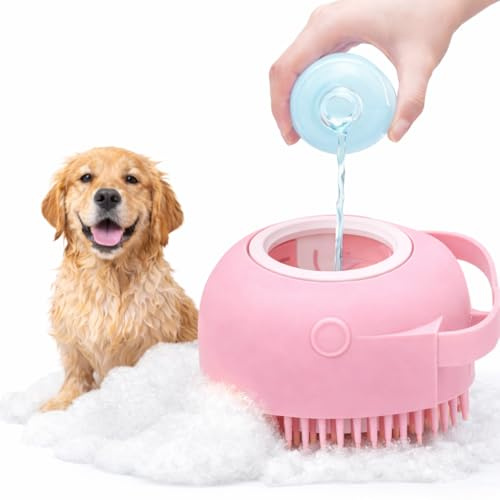 LEO-PAUL Brosse de Bain en Silicone Souple pour Chien - Réservoir Distributeur de Shampoing Intégré - Massage et Toilettage Doux pour Poils Courts et Longs (ROSE)