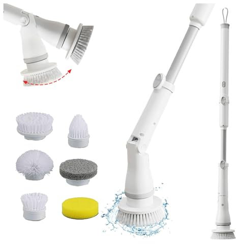 Electric Scrubber Cordless with 6 Replaceable Brush Heads, LED lights,Long Handle, Electric Bathroom Scrubbing Brush 2 Adjustable Speeds for Bathroom Floor Tile