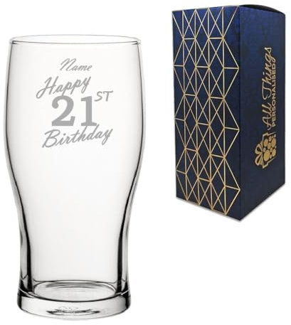 Personalised Engraved Pint Glass, Happy 21st BirthdayHandwritten Design, Classic Tulip Glass, 20oz or 570ml Capacity, Customise with Any Name, Gift Boxed