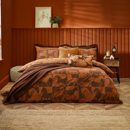 furn. Herve Reversible Duvet Cover Set – Wild Horses Statement Bedding (Tan – Single)