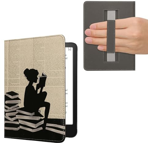 kwmobile fodral kompatibelt med Amazon Kindle Paperwhite (12. Gen 2024)/Kindle färgat mjukt fodral – PU-skydd med rem – flicka och böcker svart/beige