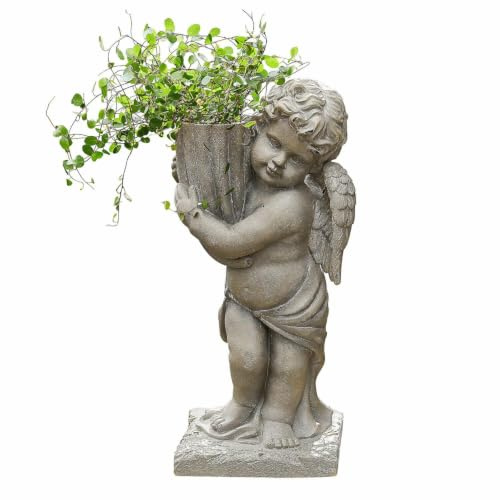 Loberon Ãœbertopf Pirie, antikgrau | in Engelsform, steinähnliche Textur, zum Bepflanzen geeignet, Gartendekoration, Gartenzubehör, Outdoor, Magnesiumoxid