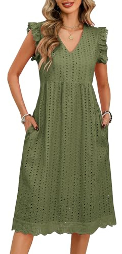 UMIPUBO Robe Ete Femme Midi Col V Robe Boheme avec Poches Manches à Volants Coton Robe De Plage Chic et Elegant Longueur Genou Décontracté Casual