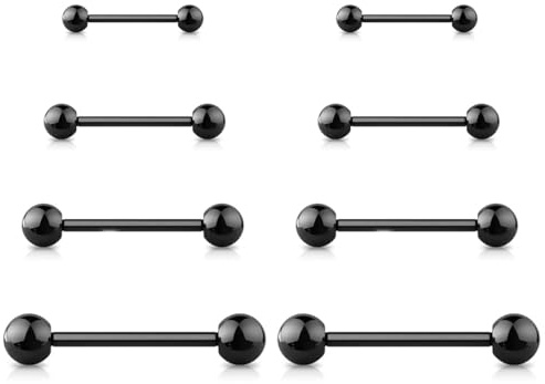 Jewel Barrel 8pcs Tongue Bars & Straight Barbells | 14G (1.6mm) Piercing Jewellery for Tongue, Nipple, and Body Piercings | 10mm, 12mm, 14mm, 16mm Length with 3/4/5/ 6mm Ball Ends (Black)