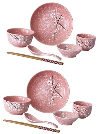 Cabilock Juego De Cubiertos y Vajilla De Cerámica Japonesa Rosa 12 Piezas Hogar, Incluye 2 Cuencos, 2 Platos, 2 Tazones, 2 Tazas y 2 Pares De Palillos, Adecuado Para Uso Diario y Cenas Familiares