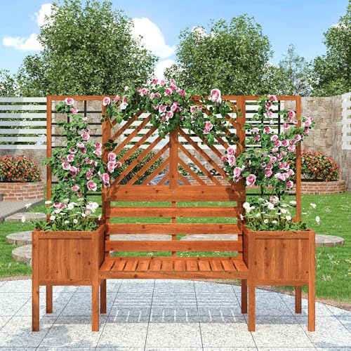 Merax Blumenkasten mit Rankgitter, Pflanzkübel mit Sichtschutz aus Massivholz Tanne, für Garten Hof Terrasse, Braun, 170Lx42Bx145H