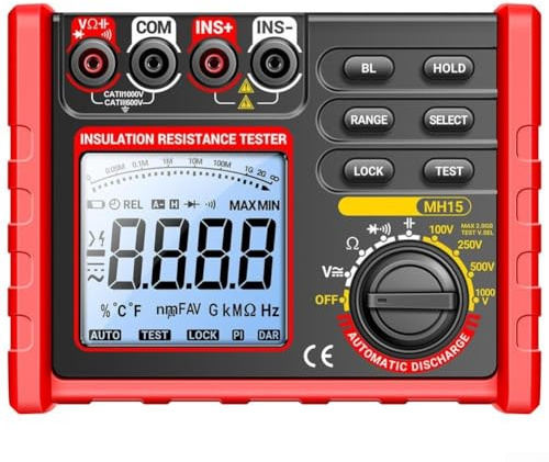ZiStarlilife Resistance Tester Battery-powered Insulation Resistance Tester, Megaohmmeter MH15, Test Voltages 100V 1000V, LCD Display With Backlight