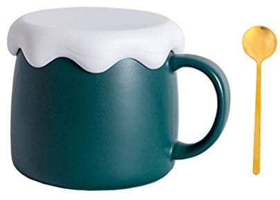Keramik-Kaffeetasse, Milchteetasse, kreative Frühstückstasse mit Silikondeckel und Löffel, für Zuhause, Büro, Café, Grün