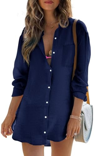 Cicy Bell dam långärmad blus sommar muslin toppar bomull casual button down skjorta klänning toppar lös tunika strandklänning bikini cover up