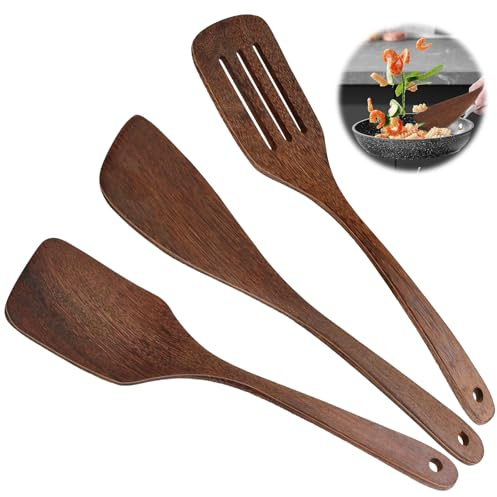 3 Stück Pfannenwender Holz, Kchen Spatel Set,Holzspatel Zum Kochen Pfannenwender Aus Holz Holzspatel Küche mit Maserung Langem Griff Antihaft Holzspachtel für Wok Pfanne mit Antihaftbeschichtung