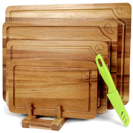 WILLKOMMEN Lot de 4 planches à découper en acacia pour cuisine, planche à découper en bois massif avec rainure pour jus, parfaites pour la charcuterie et la coupe sans effort de viande, légumes, pain