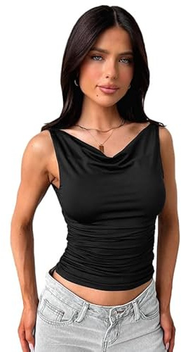 Sukiglam Débardeur Femme Crop Tops Été Débardeurs sans Manches à Col Bénitier Haut Chic Et Élégant Camisole Sexy Dos Nu Chemise Élasticité Plissé Slim Fit Y2K Gilet Tendance Top de Fête Streewear