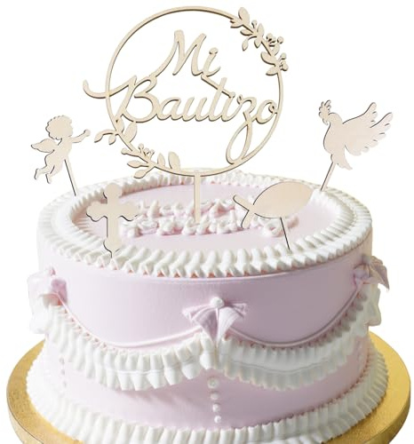 WUBAYI Elegante juego de decoración para tartas, paquete de 5 adornos para tartas con palos para bautizo, comunión, cumpleaños y bodas (banderas reutilizables para hornear y temas de fiesta)