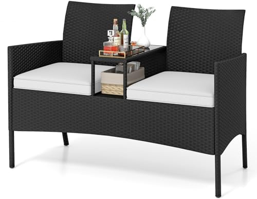 GIANTEX Rattan Gartenbank 2 Sitzer mit Tisch, Sitzbank Outdoor mit Auflage, Balkonbank für 2 Personen, Terrassenbank Parkbank wetterfest, Balkonmöbel Bank 360 kg tragbar, Gartenmöbel 124 x 62 x 84 cm