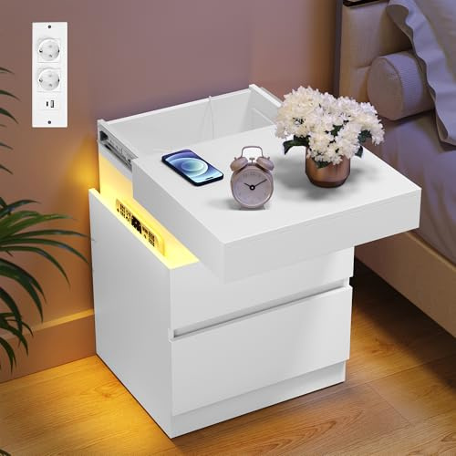 VASAGLE Collezione KAILYN - Comodino con Multipresa Integrata, Piano Scorrevole, 2 Cassetti, Striscia LED, Tavolino Compatto, Stile Moderno, 35 x 40 x 55 cm, Bianco Neve LET640WB01