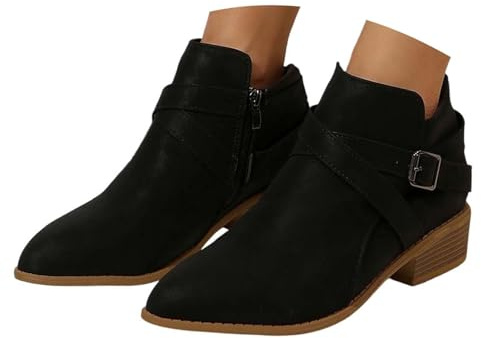 Generisch Botines para mujer, tacón cuadrado, punta puntiaguda, botas cortas con cremallera en el tobillo botines suaves para mujer botines cortos, Negro , 40 EU