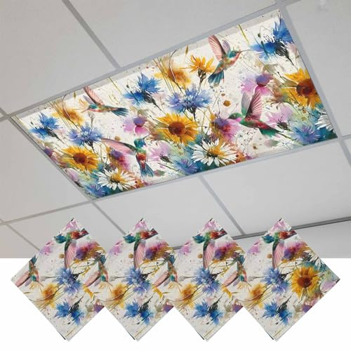 Fluorescent Light Covers, Hummingbird Magnetic Light Covers for Ceiling Lights, Spring Vintage Oil Painting Sunflowers Beige Fluorescent Ceiling Shade Filters for Classroom Bedroom Office 4x2Ft x 4PCS