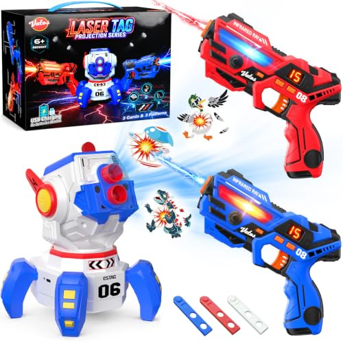 VATOS Set de Láser Tag Recargable para 2 Jugadores, Pistolas Infrarrojas y Proyección con Pantalla LED de Puntuación y 3 Tarjetas de Objetivo, Juego de Láser para Niños y Familia a Partir de 6 años