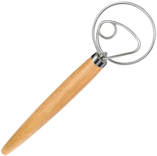 Polly Online Fouet à pâte, fouet danois à levain avec manche en bois et crochet en acier inoxydable pour pâte à pain, à pâtisserie ou à pizza, 33 cm,1PCS