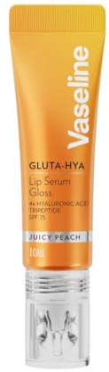 Vaseline Gluta-Hya Juicy Peach Läppglans, läppvårdsserum med hyaluronsyra och GlutaGlow-teknologi, tonande och skyddande med LSF 15 för fulla och strålande läppar, (Juicy Peach - 1 x 10ml)