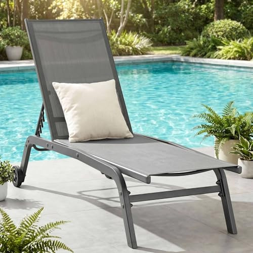 LIFERUN Sonnenliege mit Rollen, Gartenliege 1er Set, wetterfeste, 5-Fach Verstellbarer Rückenlehne, Outdoor Liegestuhl, Relaxliege bis 120kg belastbar, für Garten, Poolbereich, Balkon,Terrasse, Grau